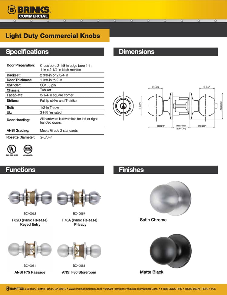 Light Duty Door Knobs Cut Sheet