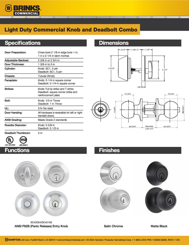 Light Duty Knob and Deadbolt Combo Cut Sheet