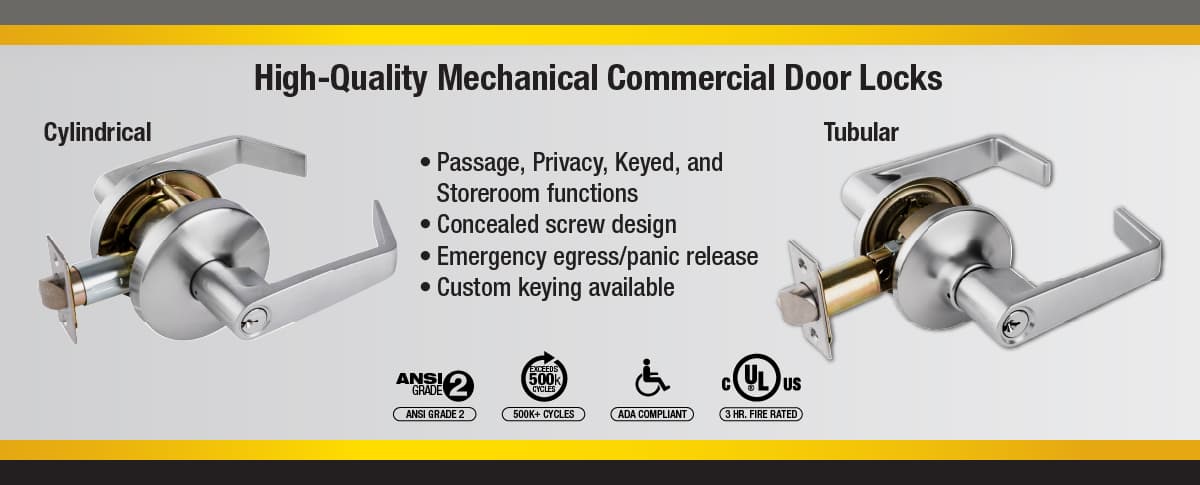 Passage, Privacy, Keyed, Storeroom Functions; Concealed screw design; Emergency Egress/Panic Release; Custom Keying Available